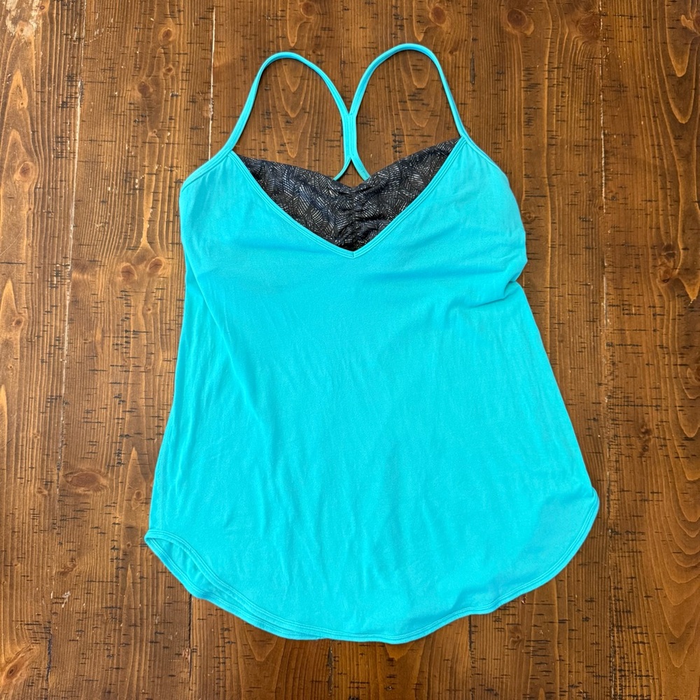 Lululemon Athletic Tank Top Thin Strap Built In Bra Blue and Black EUC SZ 10